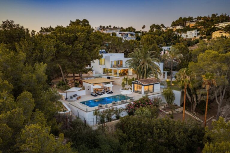 Aerial view, modern white villa with pool and palm garden at Casa Sipp in Can Furnet, Ibiza