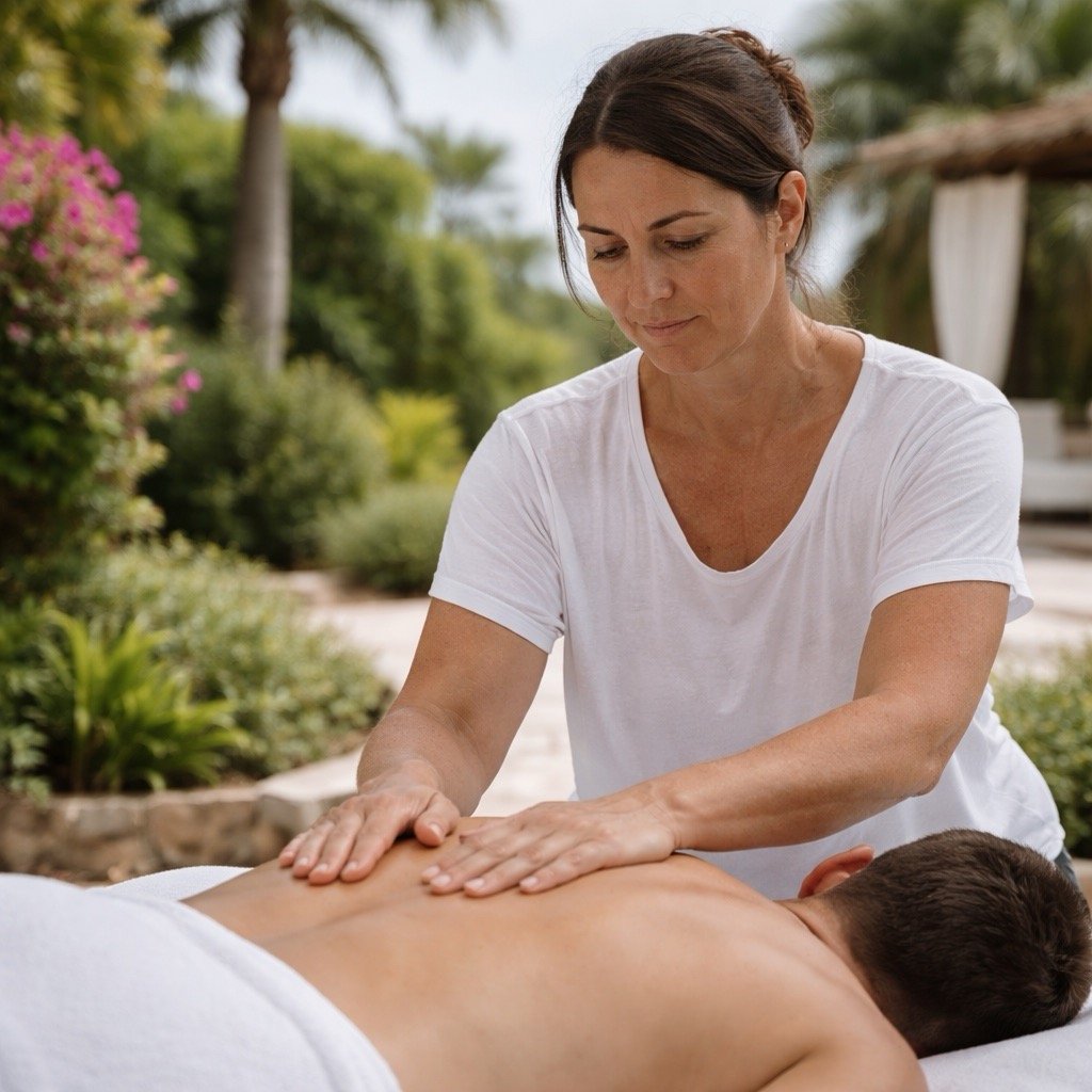Massage therapist giving a back massage in the garden of an Ibiza villa