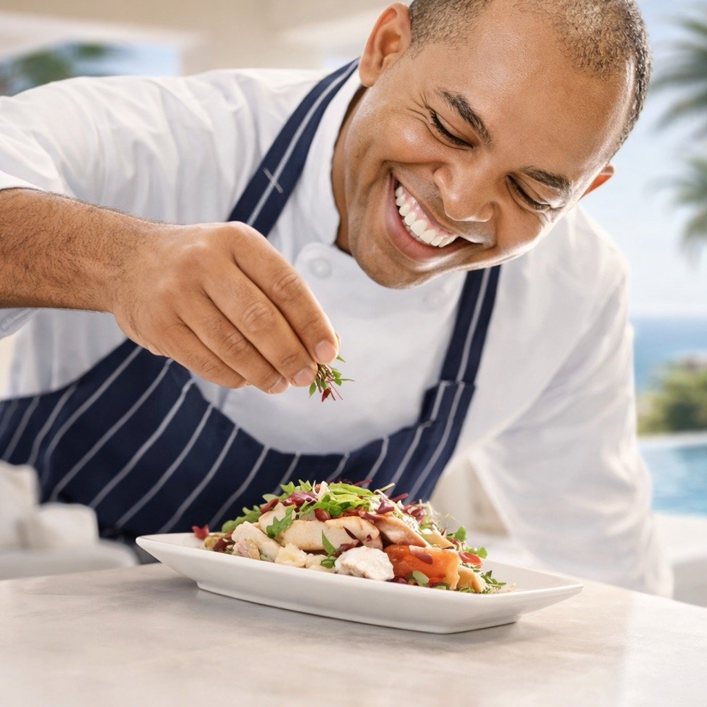 Chef preparing and plating salad in villa