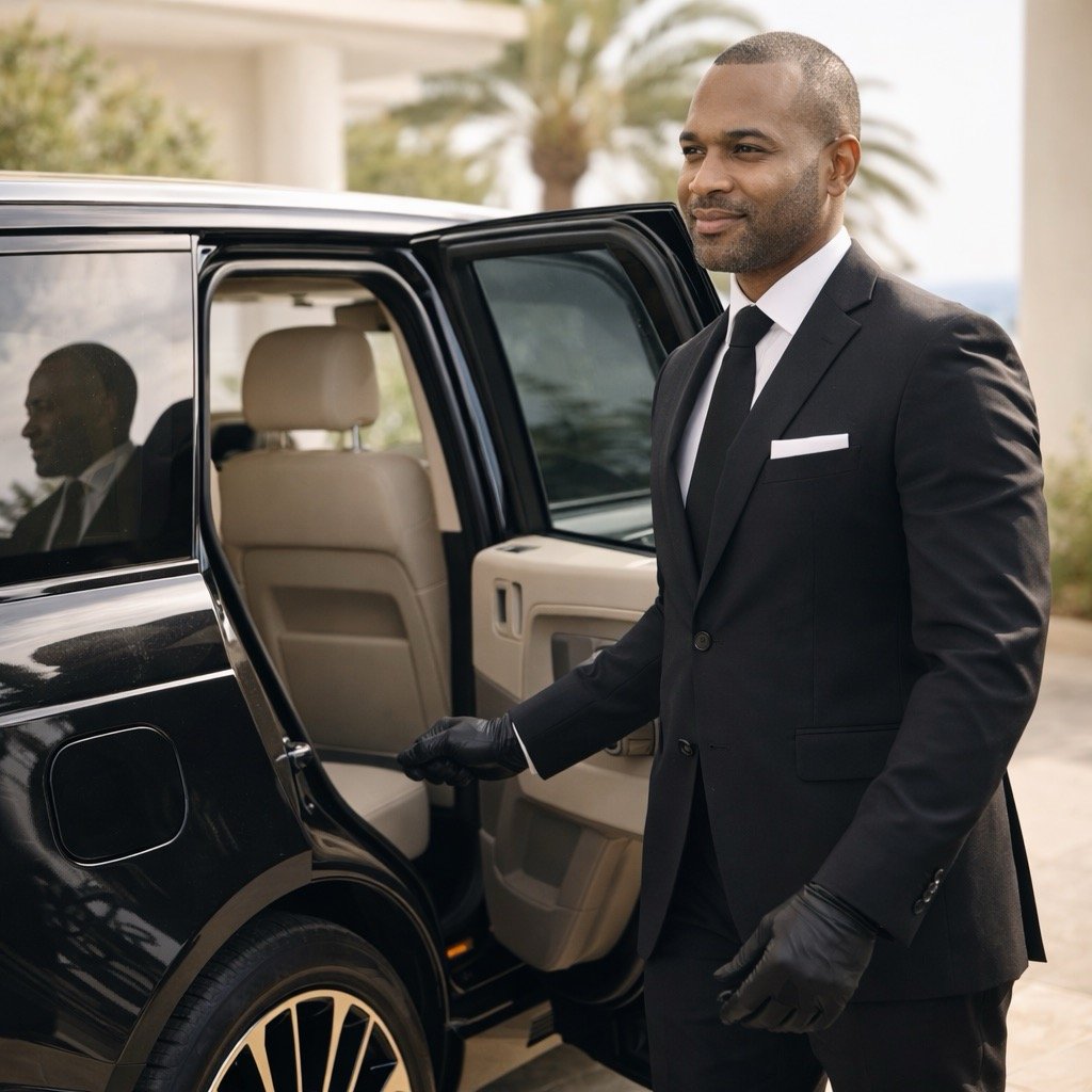 Chauffeur opening vehicle door outside villa