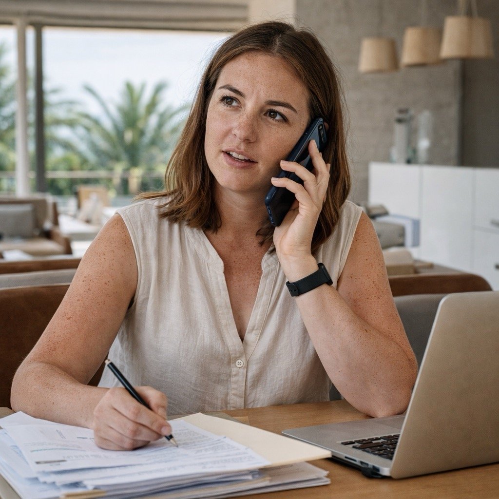 Interior scene, woman on phone at desk with modern apartment view