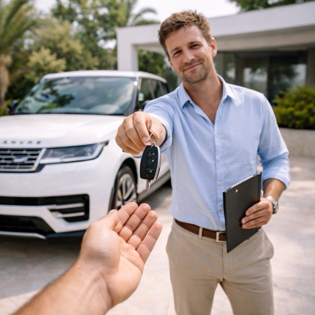 Man handing car keys at villa entrance
